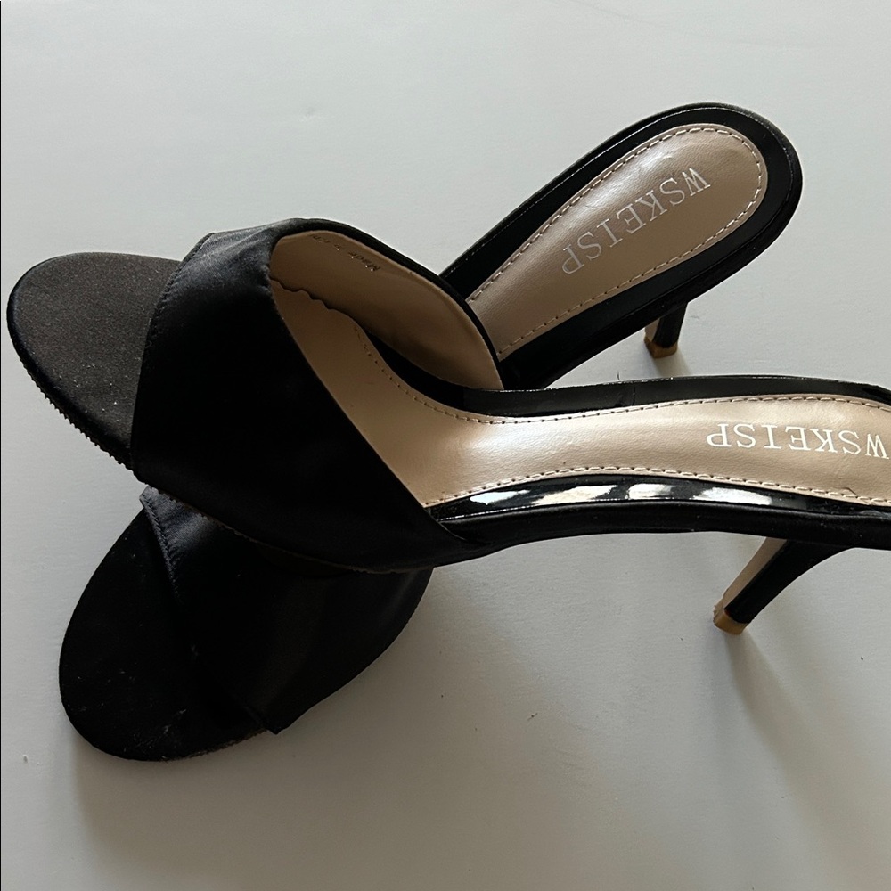 Black satin heeled slides